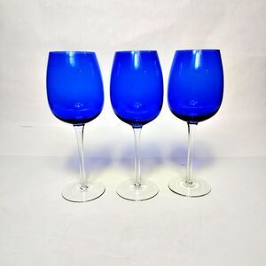 Set 3 Colbalt Blue Wine Glasses 9.5 Inch Tall 2.5 Inch Diameter Clear Stem